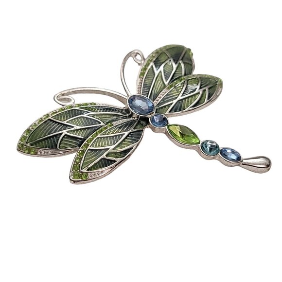 Napier Silver-Tone Green Blue Rhinestone Enamel Dragonfly Brooch Pin Signed E913 - Picture 2 of 9
